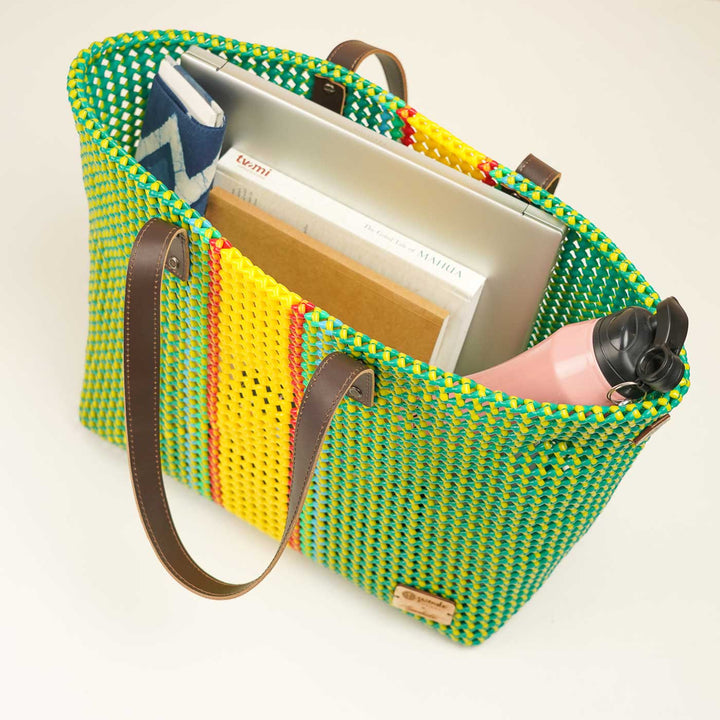Green And Yellow Line Mukhya Knot Handmade Koodai Beach Bag