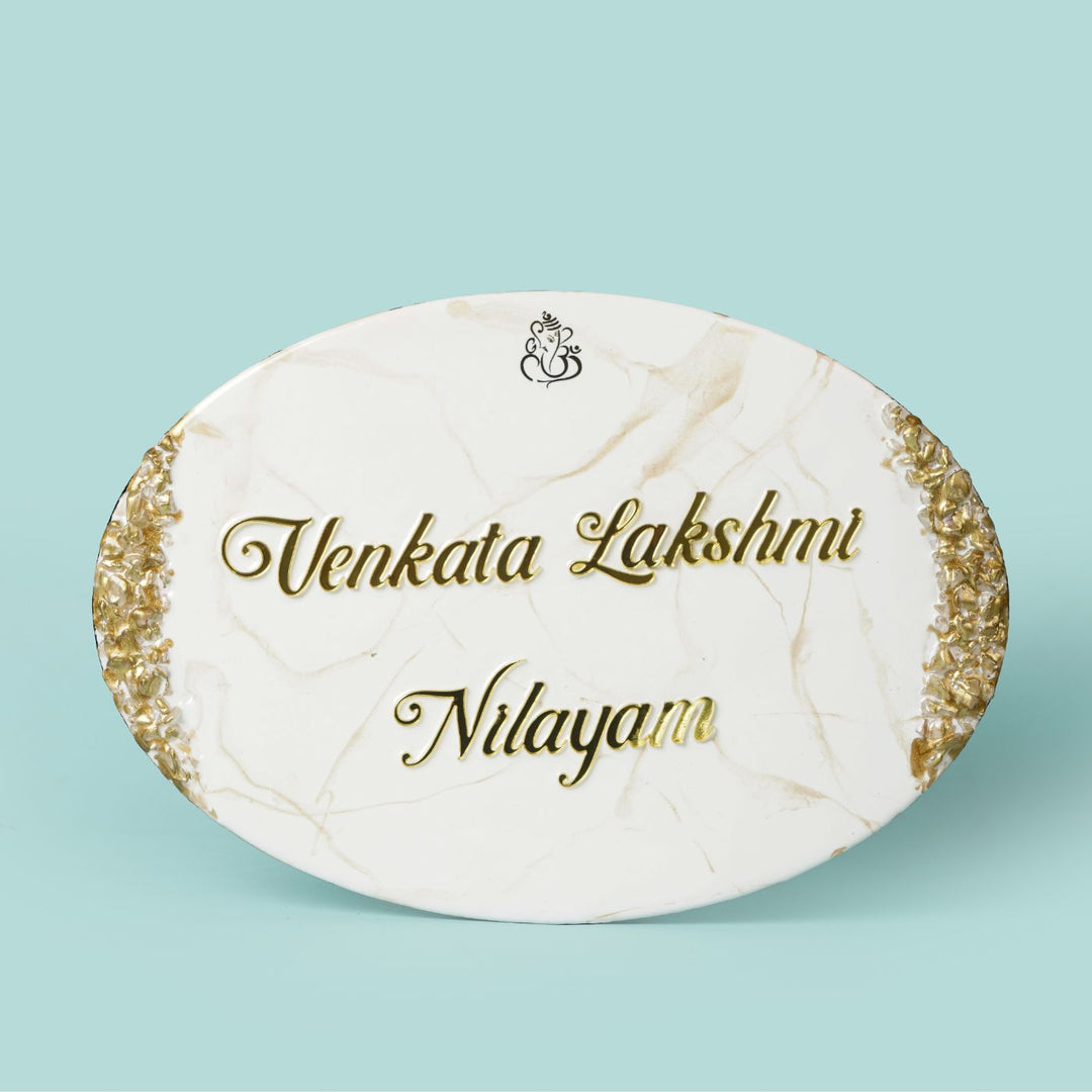 Handmade Resin White & Gold Oval Marbled Name Plate