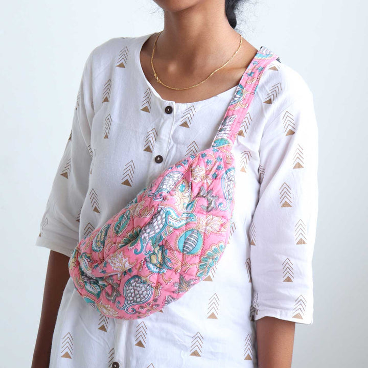 Handmade Block Printed Cotton Pink And Blue Belt Bag