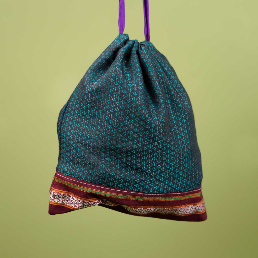 Handmade Fuchsia Blue Khunn Fabric Cotton Thamboolam Potli with Maroon Border