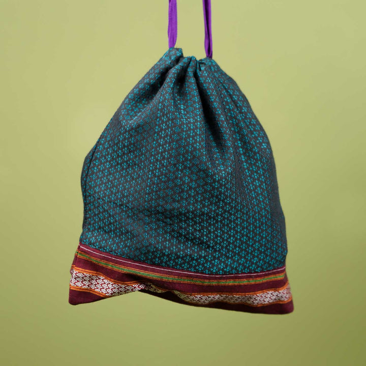 Handmade Fuchsia Blue Khunn Fabric Cotton Thamboolam Potli with Maroon Border