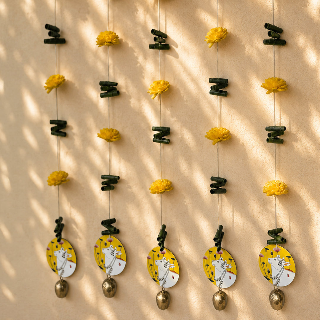 2 Pc | Handmade Yellow Cow Motif Shola Flower Hanging