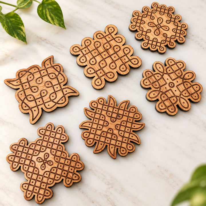 6 pc | Engraved Mahogany Wood Kolam Coasters For Coffee Table & Dining Decor