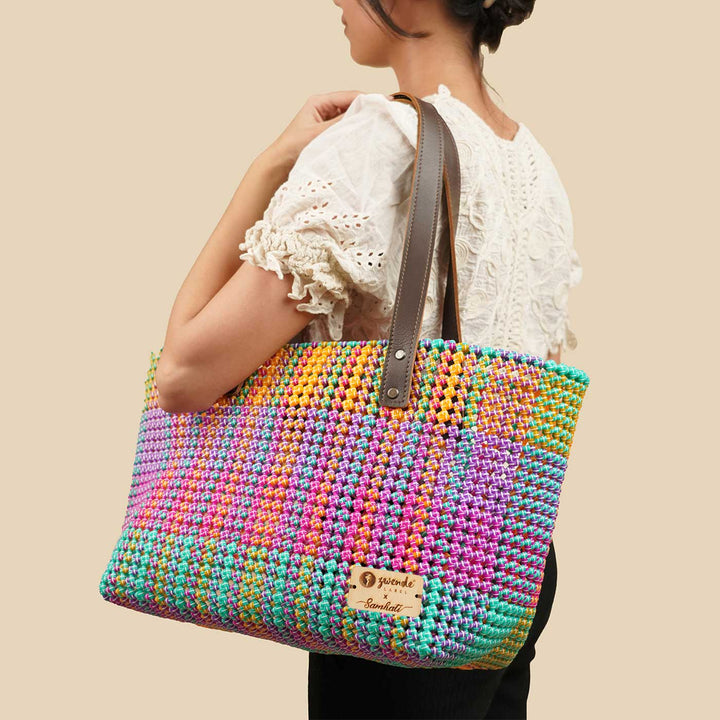Multicolor Madras Checks Mukhya Knot Handmade Koodai Market Bag