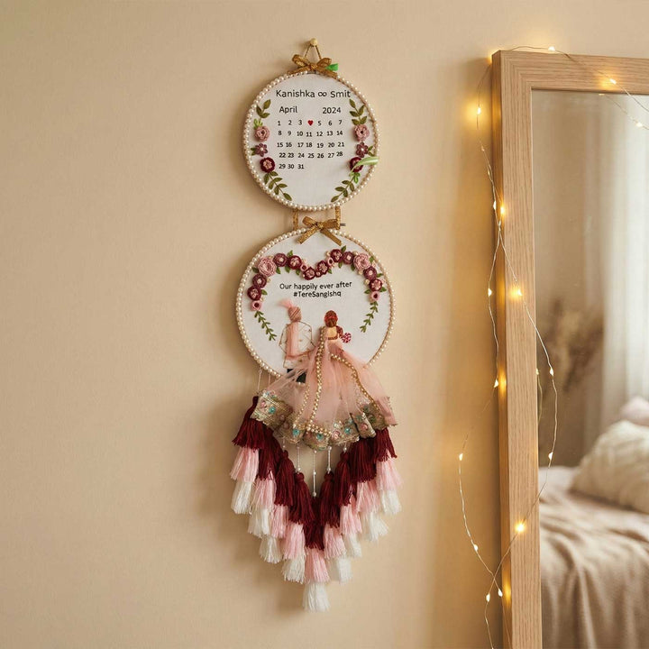 Personalized Embroidered Red Double Hoop Wedding Plaque With Tassels