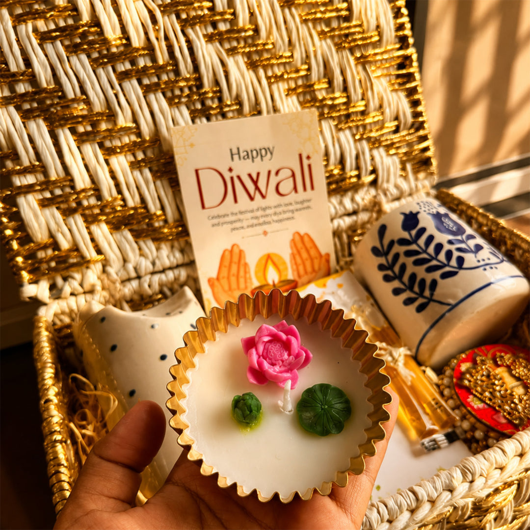 Festive Sip Tumbler And Mug Diwali Gift Hamper With Small Urli Candle For Festive Gifting