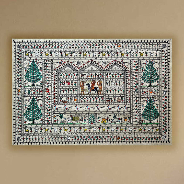 40 X 16 Inch | Handmade Tussar Silk Saura Tribal Art Of Odisha Painting