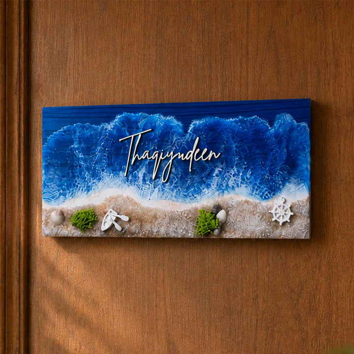 Coastal Beach Wave Laser-Cut Handcrafted Resin Pinewood Personalized Name Plate For Home