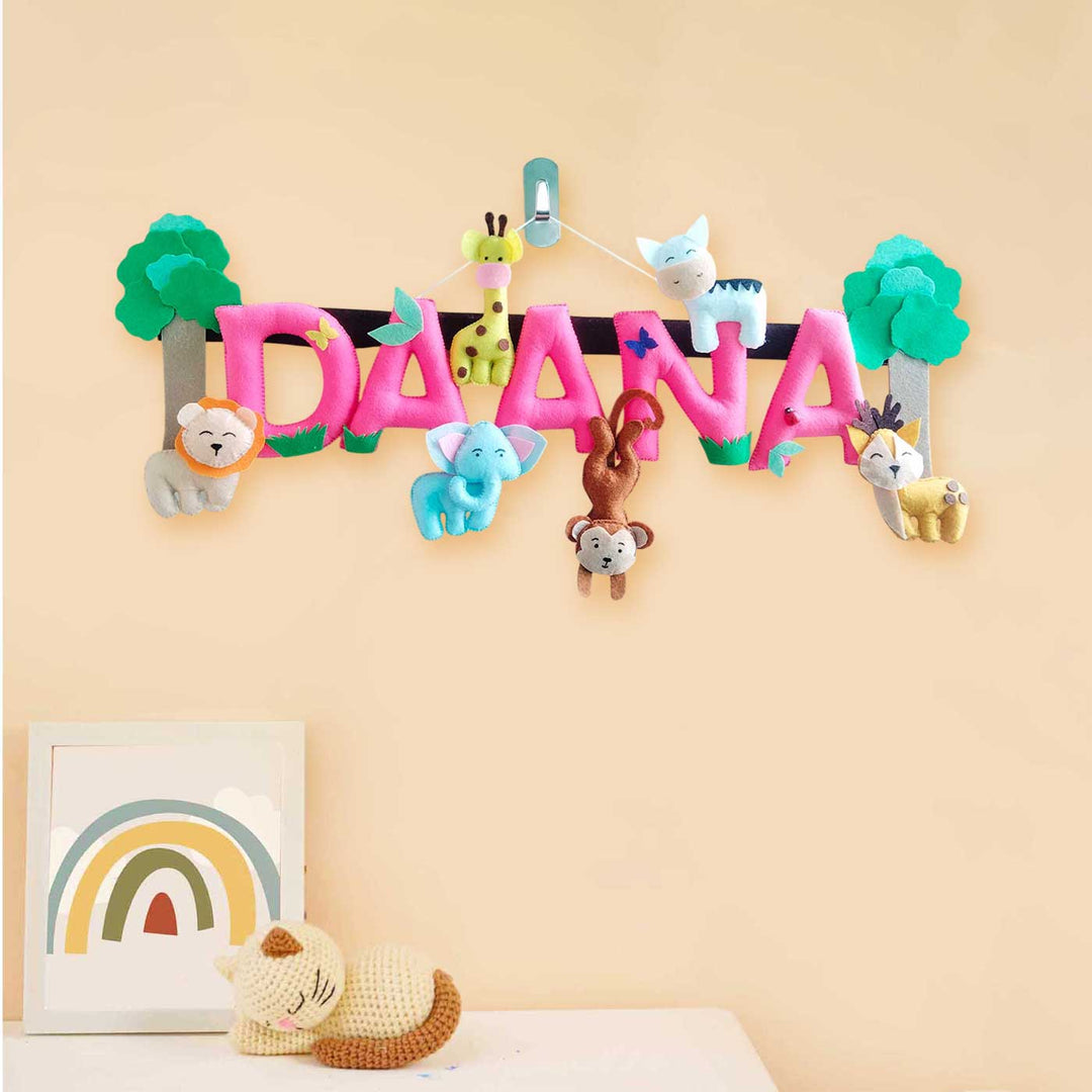 Personalized Pink Jungle Theme Felt Kids Name Plate
