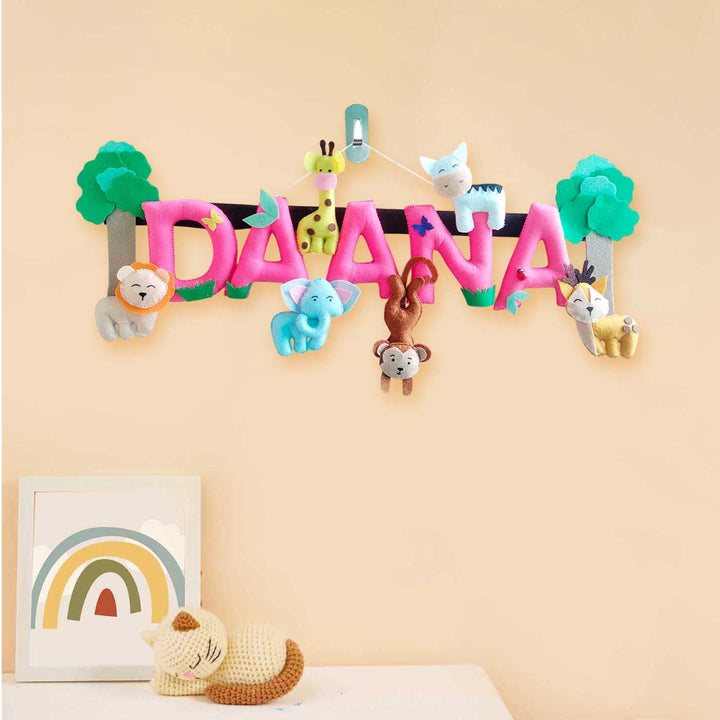Personalized Pink Jungle Theme Felt Kids Name Plate