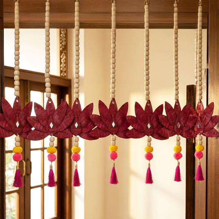 Set of 2 | "Padma" Handcrafted Bamboo Lotus Wall Hanging With Wooden Beads For Festive Decor