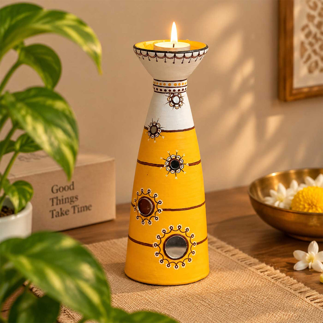 Sunny Yellow Hand-Painted Terracotta Long Diya Tealight Holder For Festive Decor