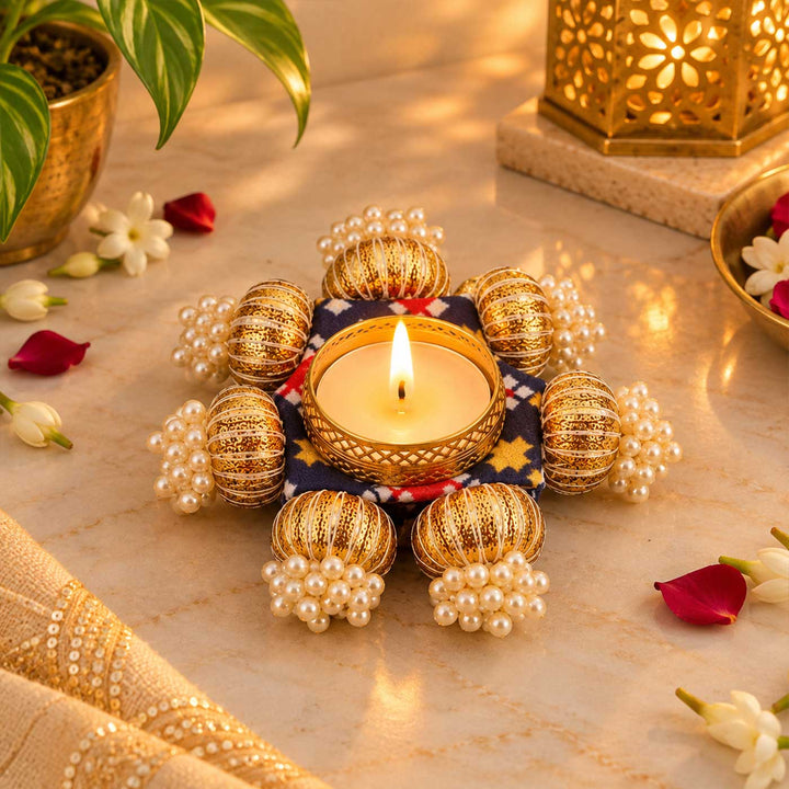 Handcrafted Reversible Gota Patti & Patola Print Square Tealight Holder With Pearl Beads