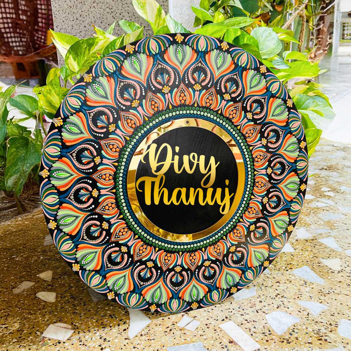 Personalized Hand-Painted Dot Mandala Round Multicolour Mdf Wood Name Plate