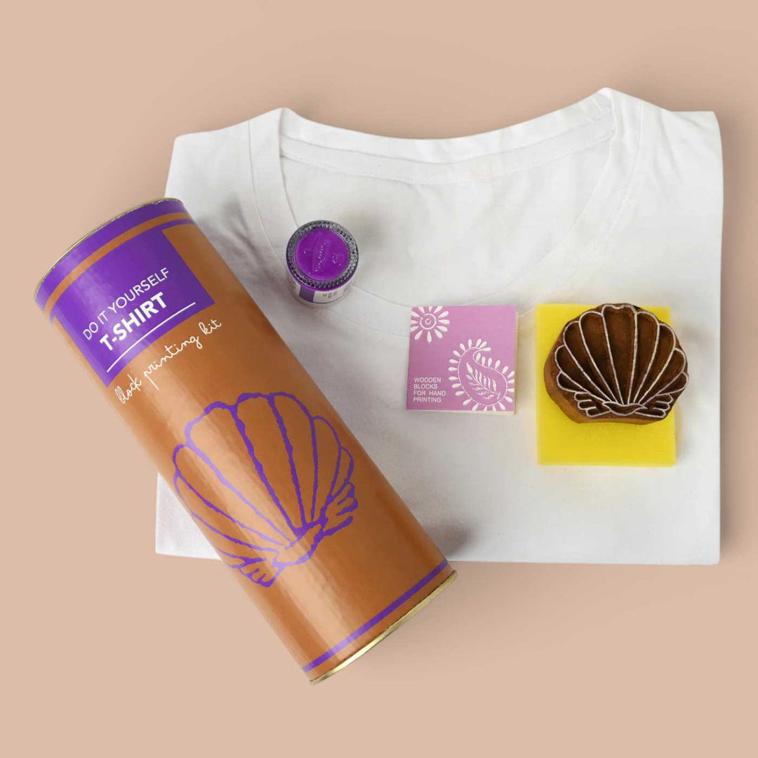 Shell Design T-shirt Block Print DIY Kit | 1 White Cotton T-shirt, 1 Fabric Paint And 1 Wooden Block