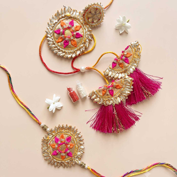 Handcrafted Gota Patti "Gulshan" Couple Rakhi, Lumba & Haathphool Set With Roli Chawal for Bhaiya Bhabhi