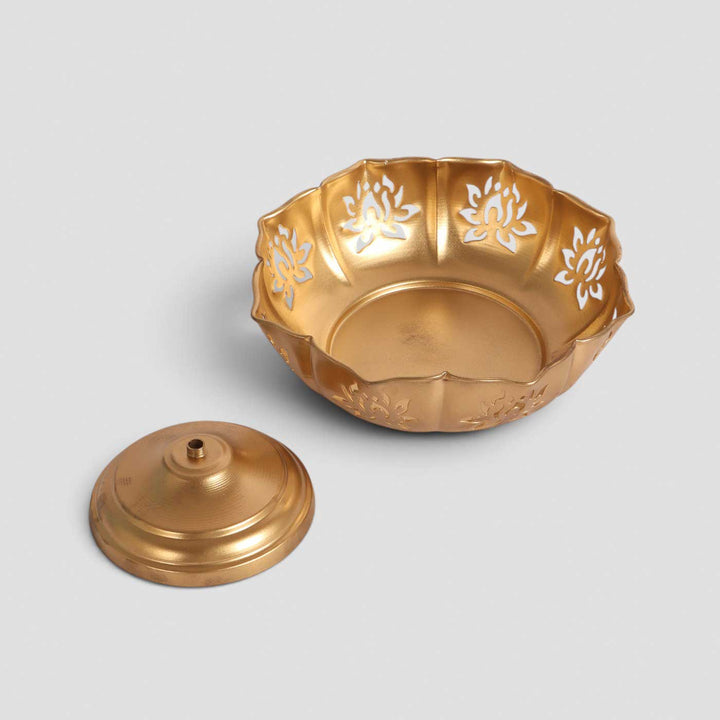 Set of 3 | Handmade Detachable Etched Lotus Cut Bowl Urli With Base For Festive Decor