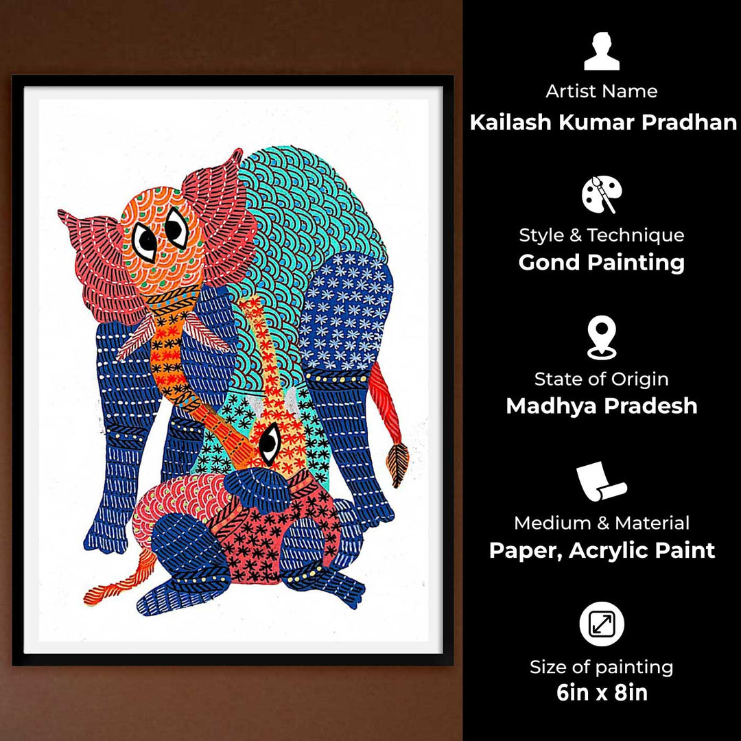 6 x 8 Inch | Elephant and Baby | Original Hand painted Tribal Gond Art Painting | Acrylic Paints On Paper