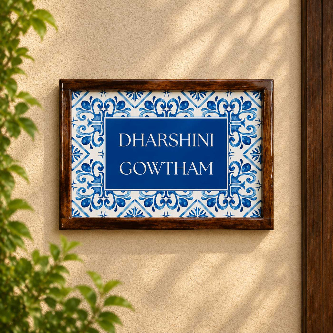 Blue Tile Vintage Personalized Rectangle Resin & Teak Wood Frame Name Plate For Home