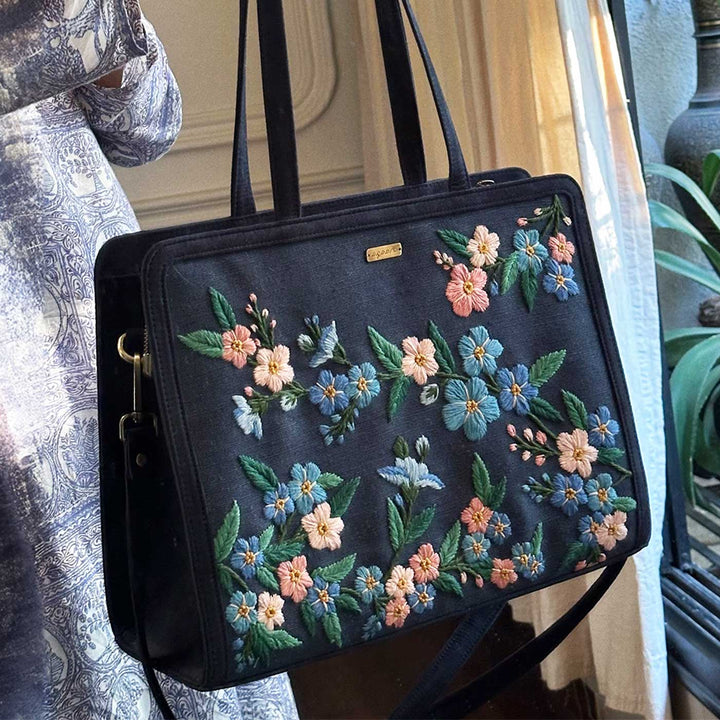 Personalized Hand Embroidered Blue Floral Tote Bag