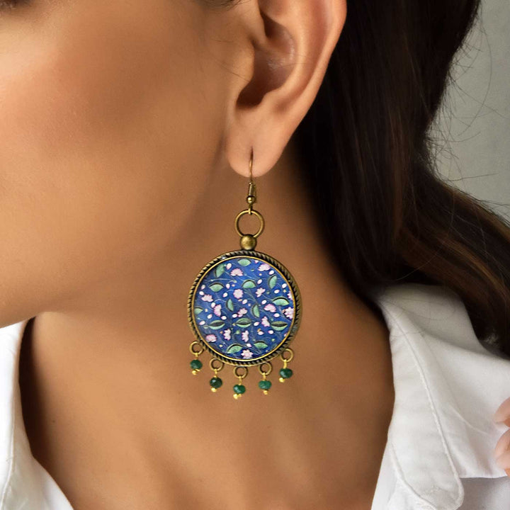 Blue Floral Pichwai Lotus Design Metal Earrings