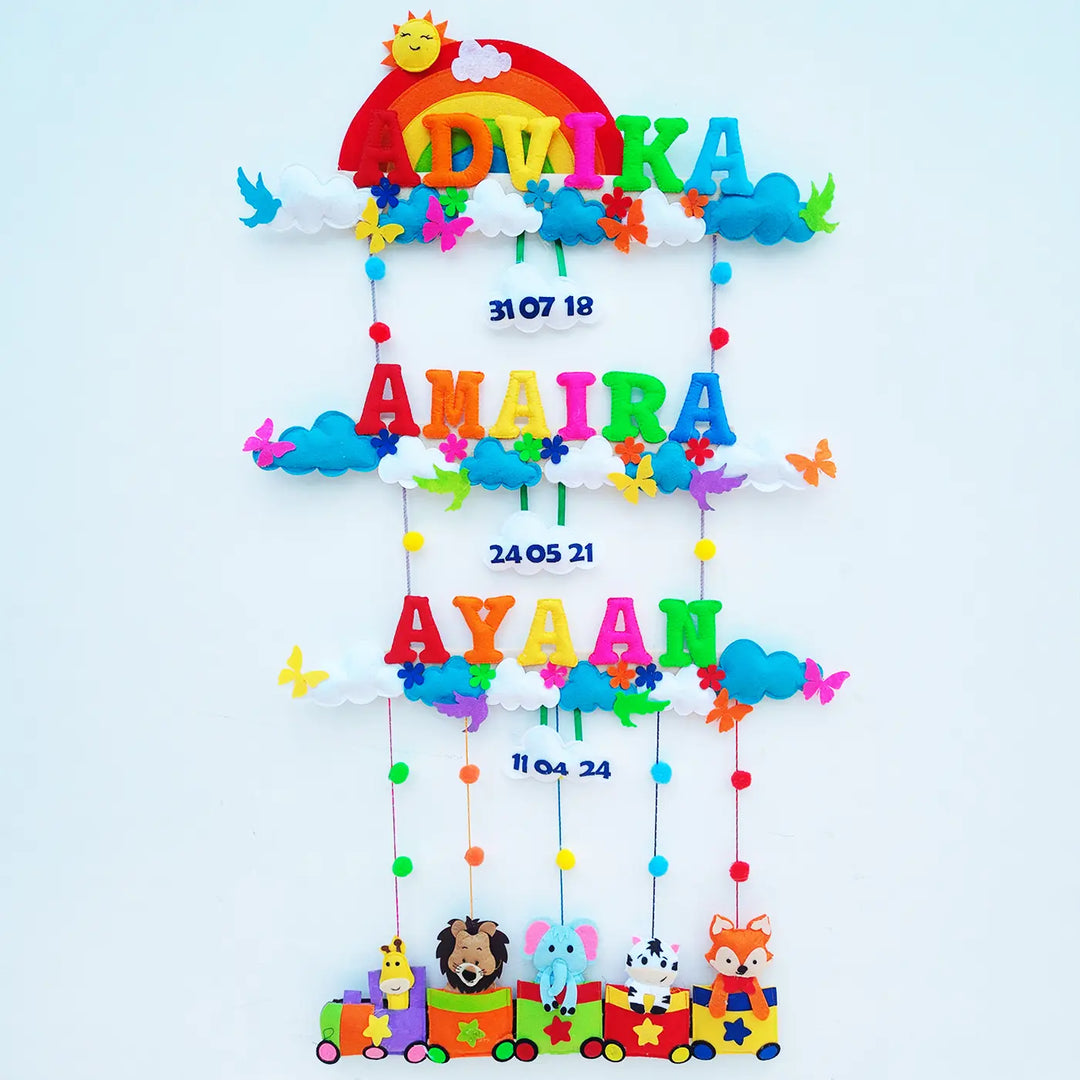 Personalized Rainbow & Animal Train Theme Felt Kids Name Plate