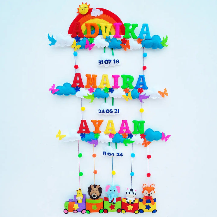 Personalized Rainbow & Animal Train Theme Felt Kids Name Plate
