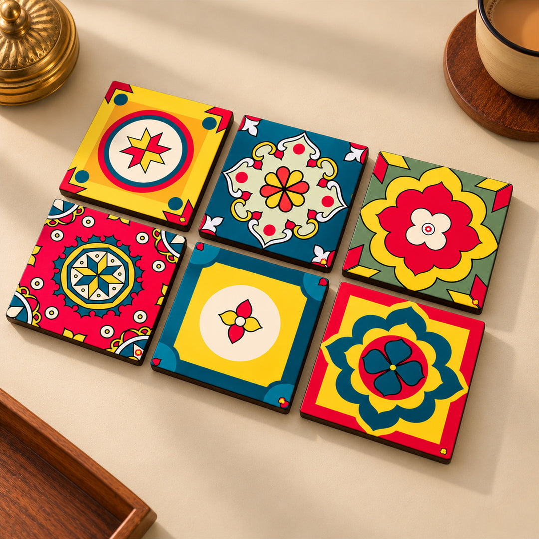 Set Of 6 | Hand-Painted Aathangudi Tiles Square Coaster Set For Festive Gifting