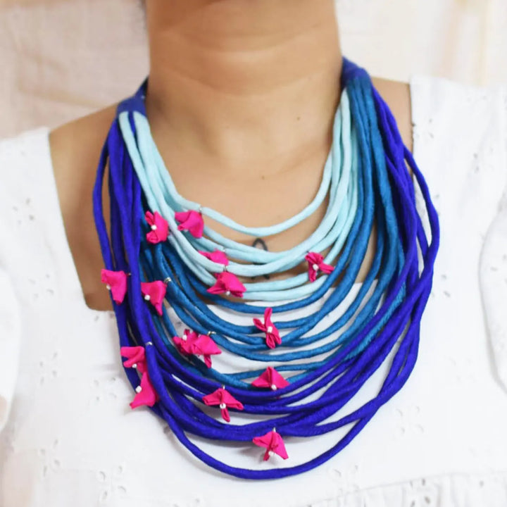 Handmade Textile Art Wired Floral Design Dupion Silk Fabric Necklace