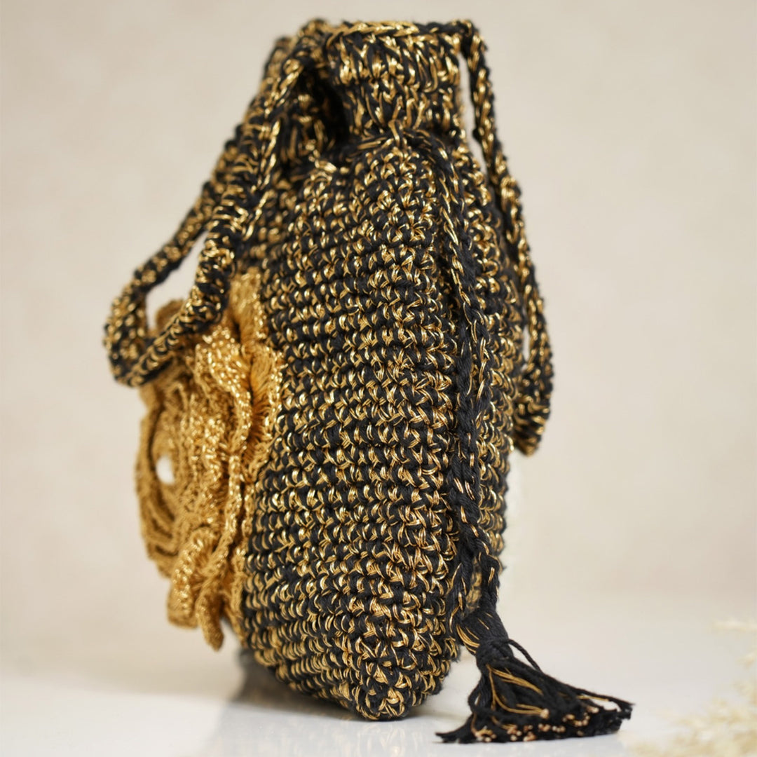 Handmade Crochet Black & Golden Midnight Bloom Potli