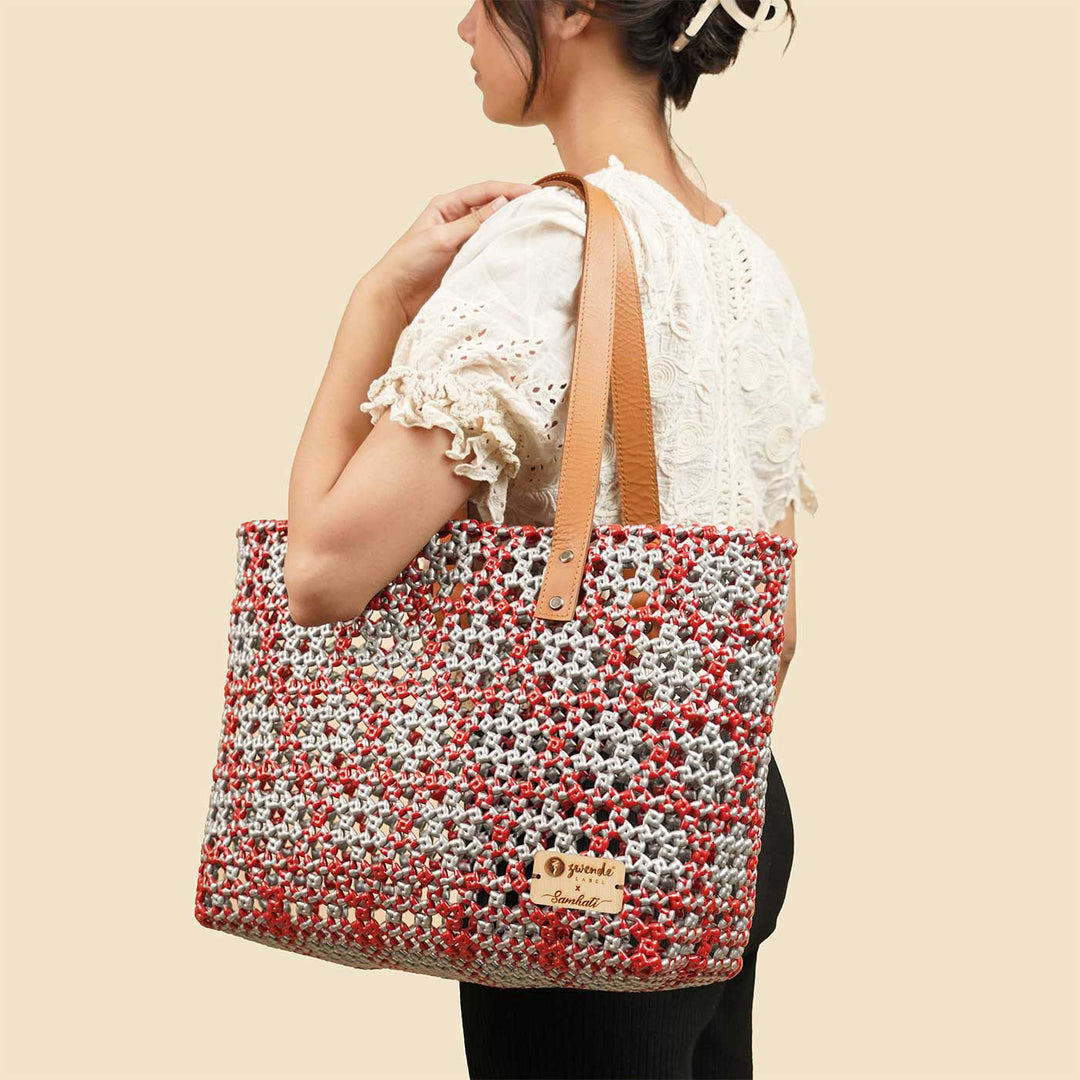 Maroon and Grey Tara Knot Handmade Koodai Tote Bag