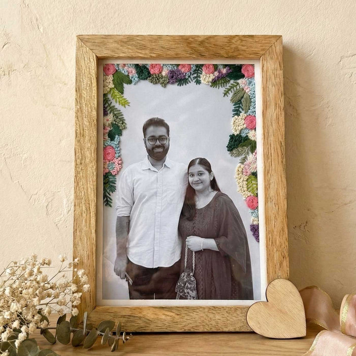 Three Side Floral Design Hand Embroidered Photo With Wooden Frame