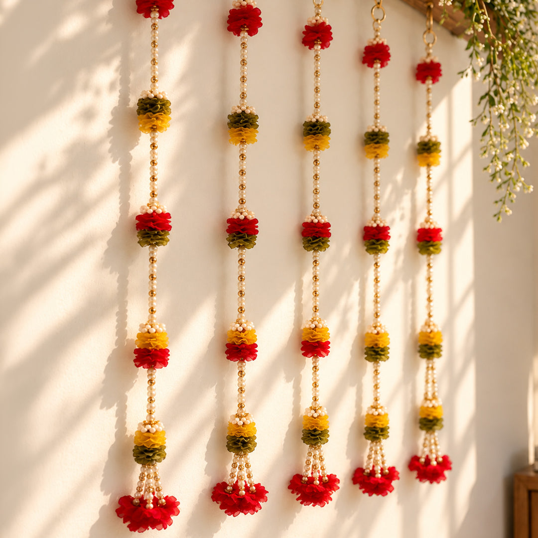 Handmade Decorative Tissue Flower & Moti Wall Hanging | Set of 5