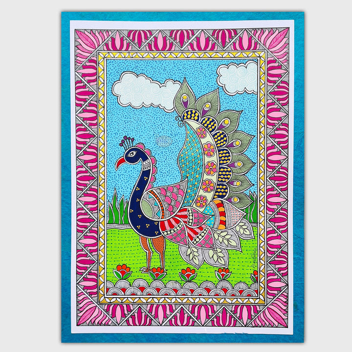 8 x 12 Inch | Peacock Garden | Original Hand Painted Madhubani Painting On Paper