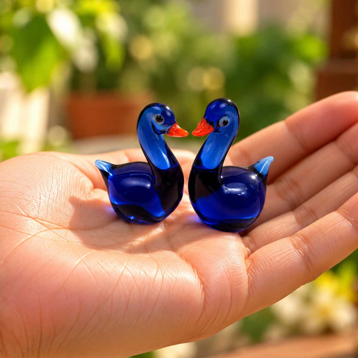 Set of 2 | Handmade Blown Glass Blue Swan Miniature Figurine For Decor