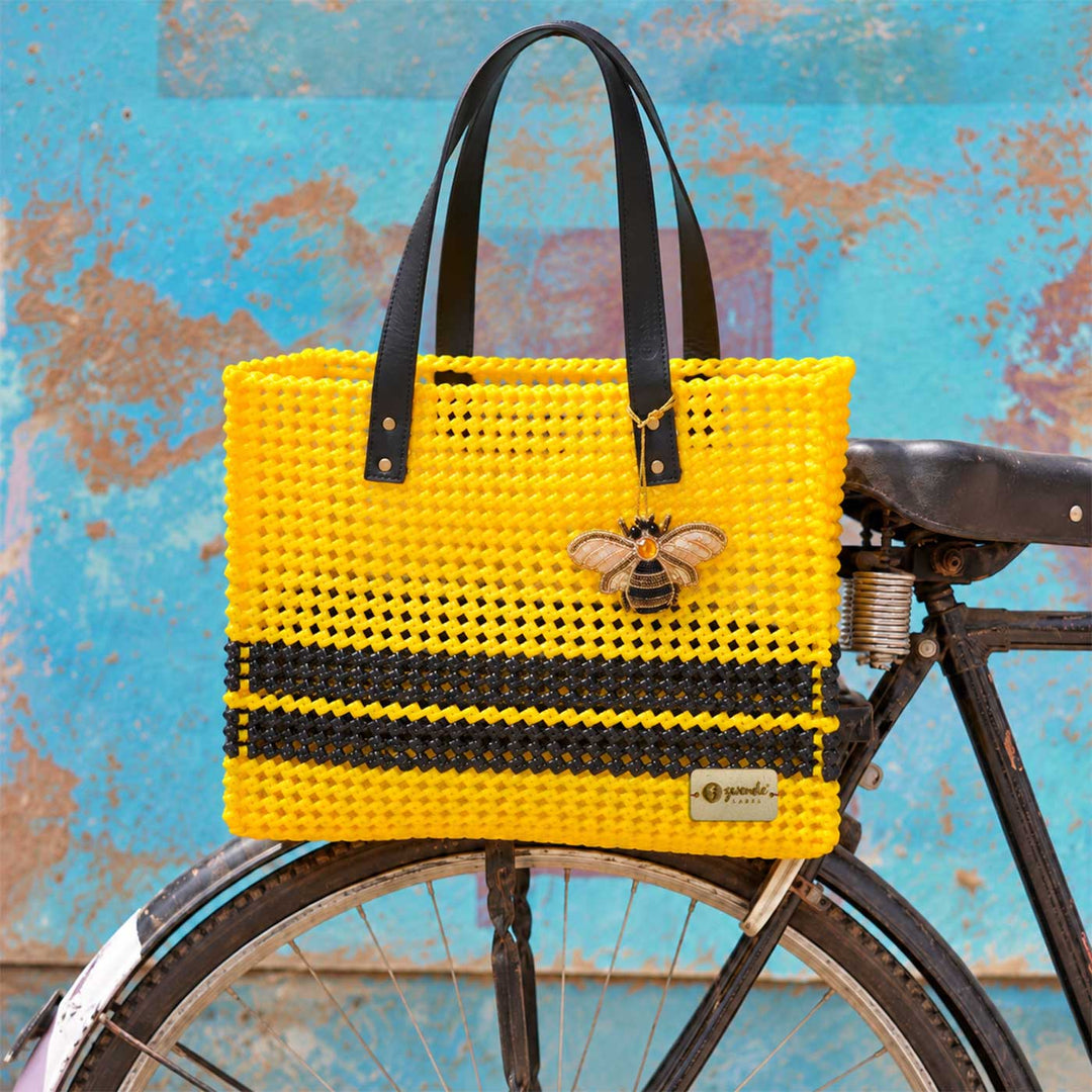 "Honey Bee" Boxy Handmade Wire Koodai Tote Bag With Bee Zardosi Charm