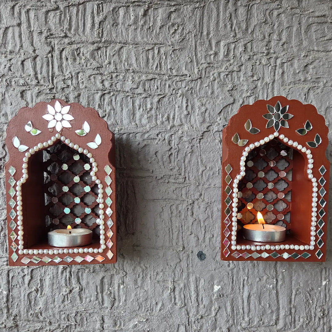 Hand-Painted Mirror Work Morrocon Mini Jharokha Tealight Holder | Set Of 2