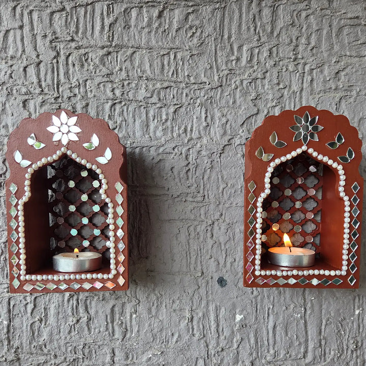 Hand-Painted Mirror Work Morrocon Mini Jharokha Tealight Holder | Set Of 2