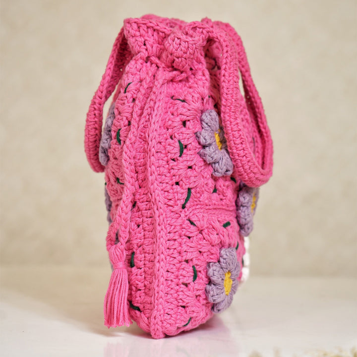 Handmade Crochet Pink Daisy Delight Potli