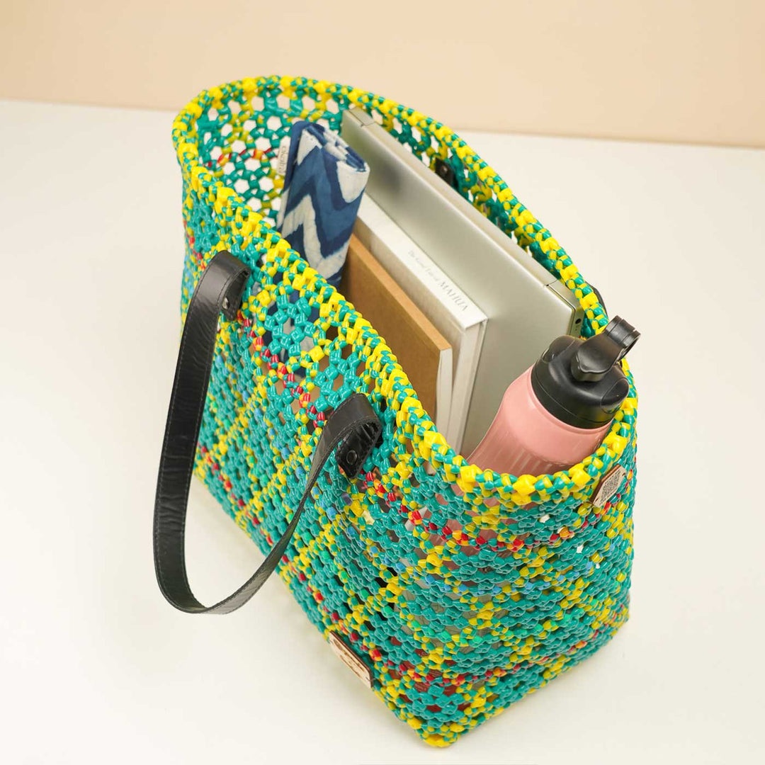 Green And Yellow Diamond Pattern Tara Knot Handmade Koodai Beach Bag