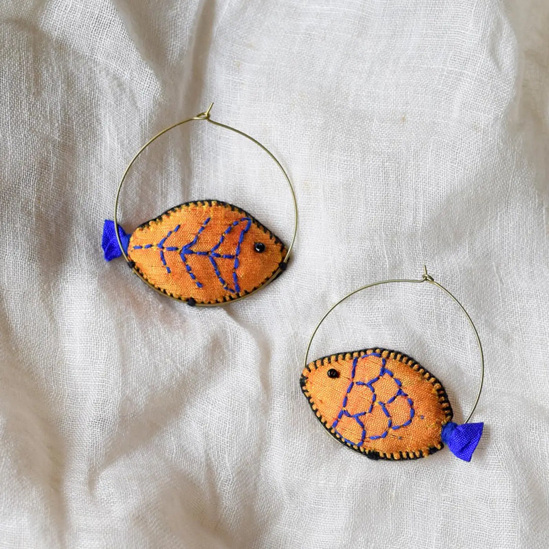 Handmade Textile Art Fish Shaped Hoop Dupion Silk Fabric Earrings