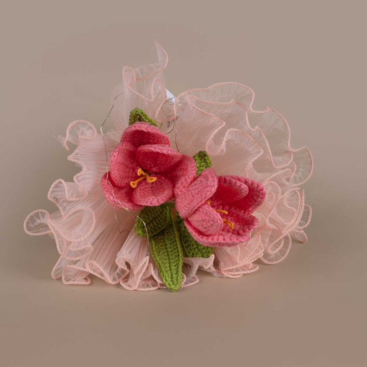 Handmade Crochet Pretty In Pink Flower Bouquet With Lights | Includes Photo & Greeting Card