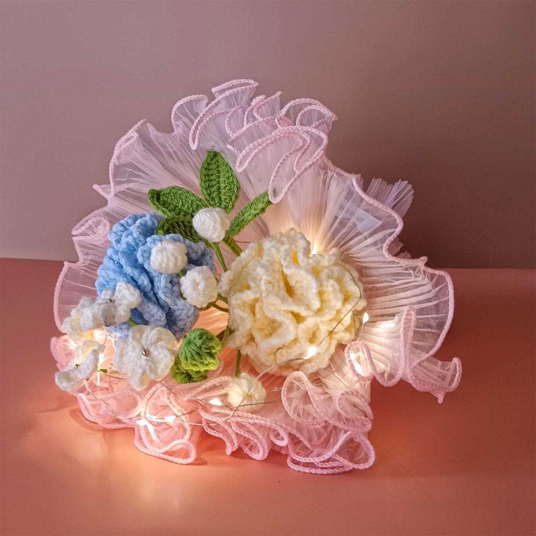 Handmade Crochet Morning Blue Flower Bouquet With Lights | Includes Photo & Greeting Card