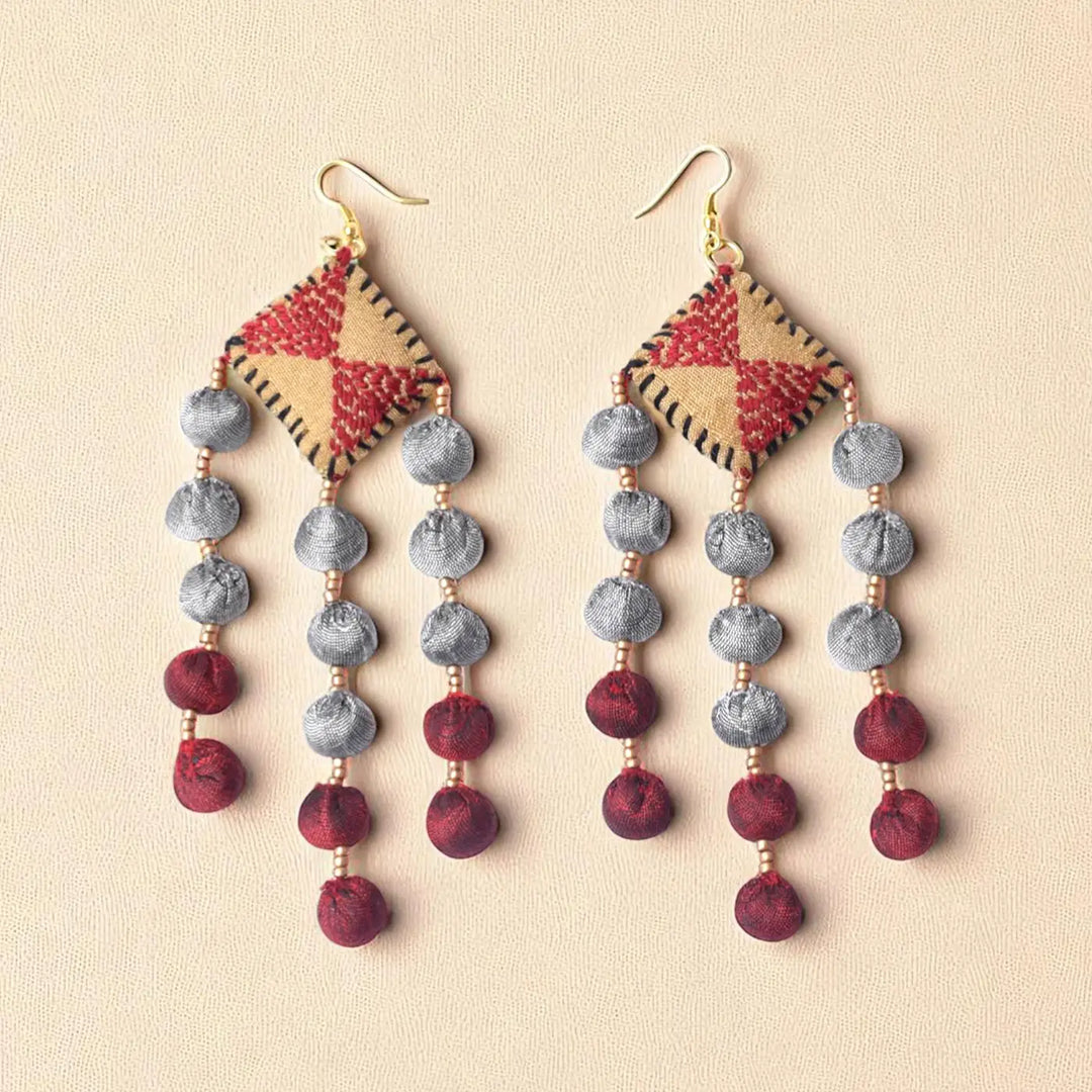 Handmade Textile Art Round Tassels Dupion Silk Fabric Earrings