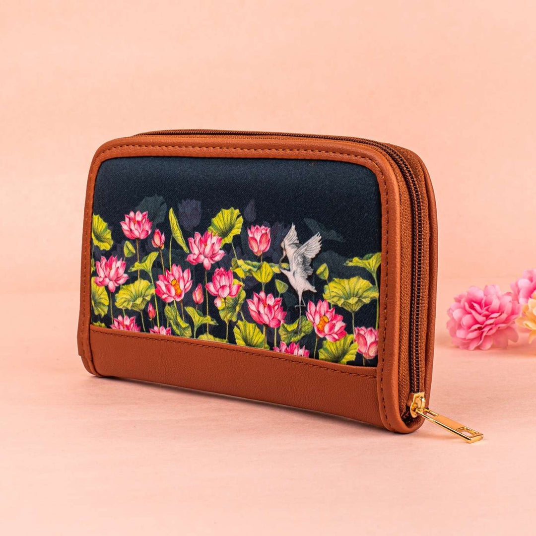 Lotus Field Vegan Leather Zipper Wallet