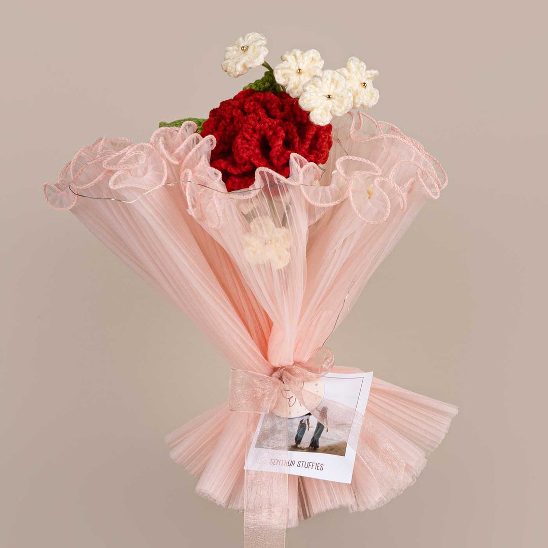 Handmade Crochet Terracotta Pot Flower Bouquet With Lights | Includes Photo & Greeting Card