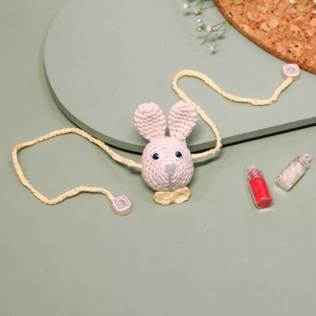 Handmade Crochet Hunny Bunny Kids Lumba Rakhi With Roli Chawal - Front View (3)