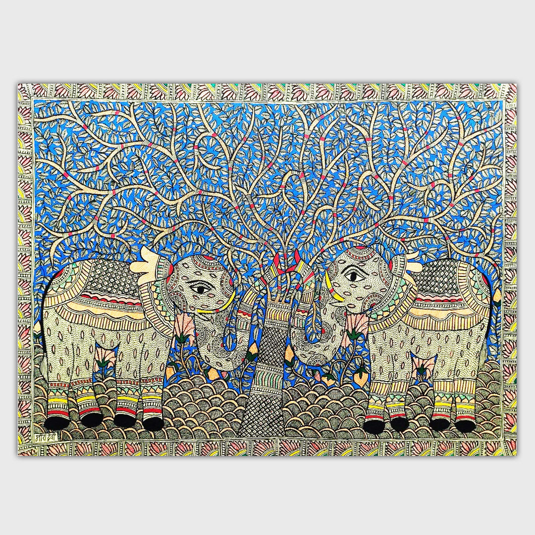 22 x 30 Inch | Elephants Under The Tree | Original Hand Painted Madhubani Painting | Natural Pigments On Paper