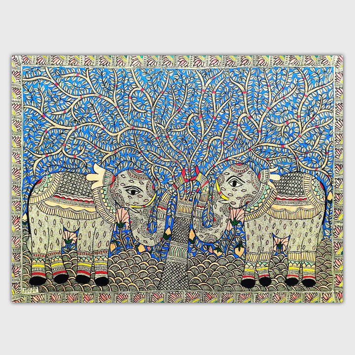 22 x 30 Inch | Elephants Under The Tree | Original Hand Painted Madhubani Painting | Natural Pigments On Paper
