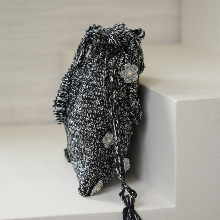 Handmade Crochet Floral Silver Sprinkle Potli